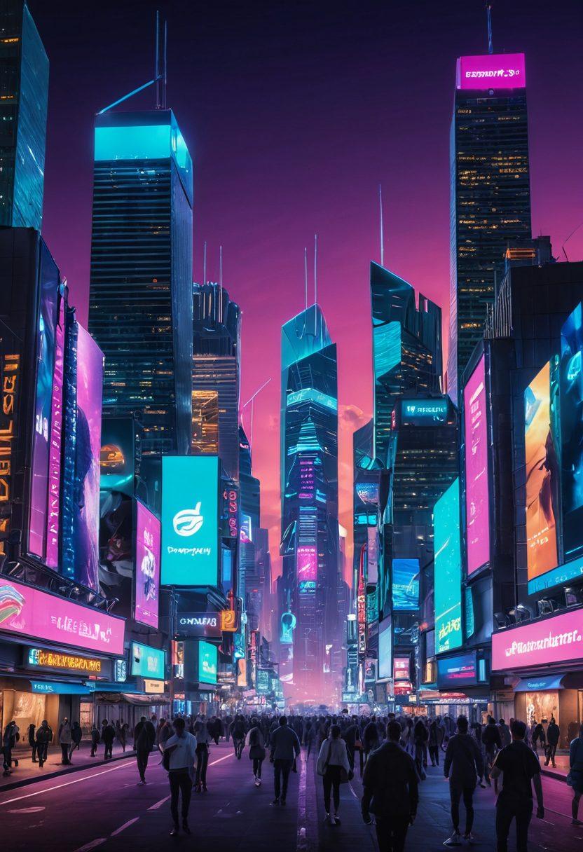 A futuristic city skyline at dusk, featuring digital billboards showcasing ChronoPay's logo and innovative payment services. In the foreground, diverse people using smartphones to make transactions seamlessly, with holographic interfaces above their hands. Include elements like flying drones delivering packages and cryptocurrencies floating in the air, symbolizing the future of finance. Bright neon lights and high-tech gadgets to emphasize the technological revolution. vibrant colors. cyberpunk.